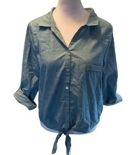 NWT Notebuk Sky Blue Collared Button Down Tie Front Button Up 3/4” Sleeve Shirt Size M