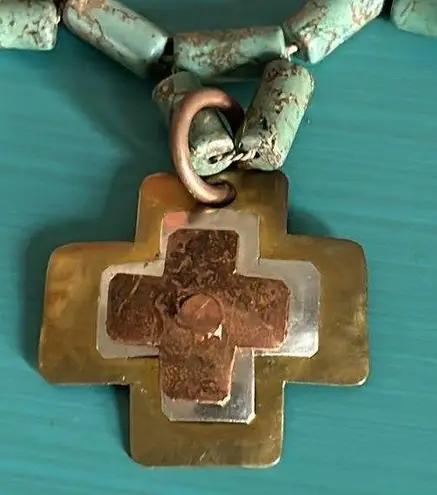 Artisan Handcrafted Turquoise Tube Bead Mixed Metal Cross Centerpiece Necklace Blue