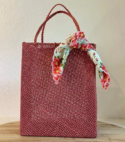 Vintage 70s Pink Mesh Weaved Square Open Style Top Handle Bag with Bow Bandana