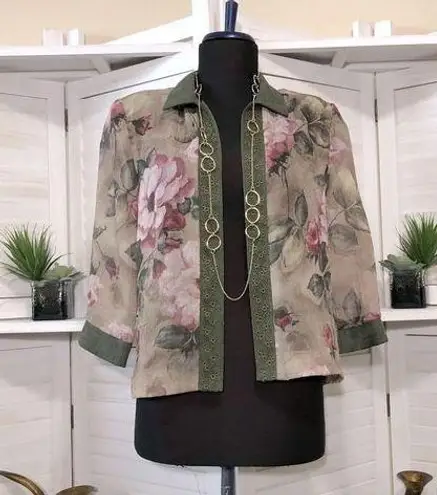 R & M Richards vintage 80s rose print pink green sheer lace bolero top sz 6 P