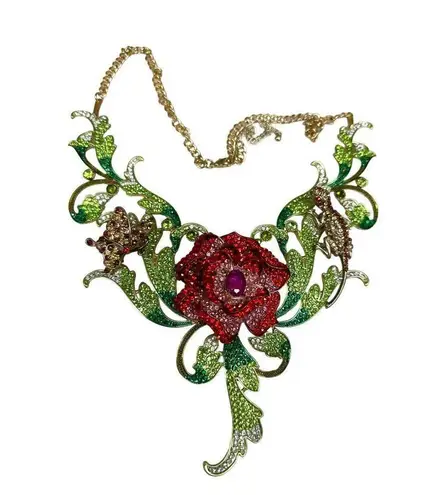 Stunning Runway Crystal Rose Necklace Lizard Butterfly Maybe Natasha Red