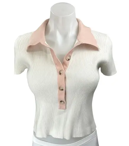 Sophie Rue White Pink Rib Knit Button Collar Short Sleeve Crop Polo Blouse Top M
