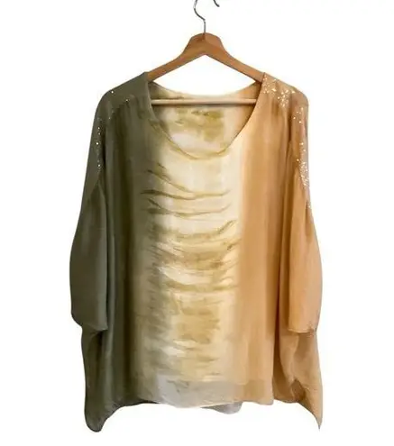 Tempo Paris Silk Blend Tie-Dye Top Size S Sequin Trim Boho Artsy Loose Beachy