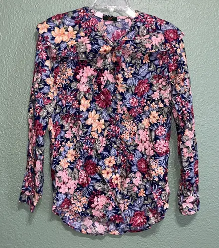 Vintage 90s Floral Shirt Peter Pan Collar Medium 80s