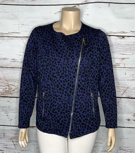 Belle by Kim Gravel 1X Leopard Animal Print Asymmetrical Zip Knit Moto Jacket Blue