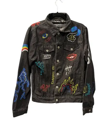 Brooklyn Cloth Graphic Design Black Denim Jacket Size Medium Casual Jean Trippy