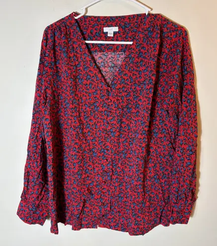 J. Jill Red Blue Floral Print Long Sleeve V Neck Button Up Rayon Blouse Size M Size M