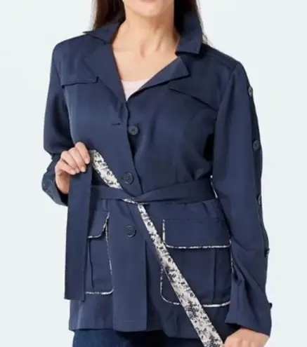 Laurie Felt Navy Fitted Belted Utility Jacket Blazer Contrast Printed Belt Sz 8