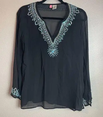 Itsu Womens 100 % Silk Size 6 Long Sleeve Blouse Beaded Sequin Black Blue