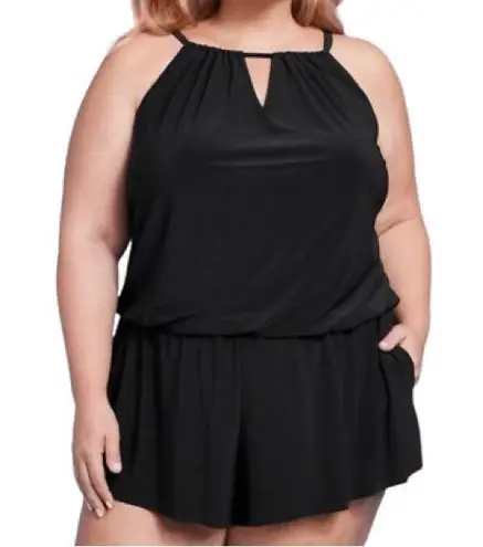 Aqua Green Black Halter Romper Plus Size Keyhole Sleeveless Casual Summer Jumpsuit