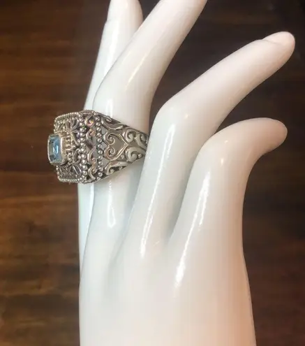 BARSE Blue Topaz Sterling Silver Filigree Cut Out Statement Ring Sz 7