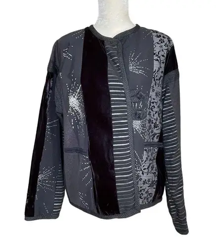 Vintage Max & Mabel Mix Fabric Artsy Black Jacket Size 1 Velvet Stripe Artsy Size L