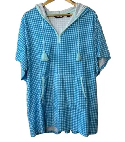 Lands'End  Blue Check Hooded Swim Cover-Up Tassel Strings Pouch Pocket LP-XLP