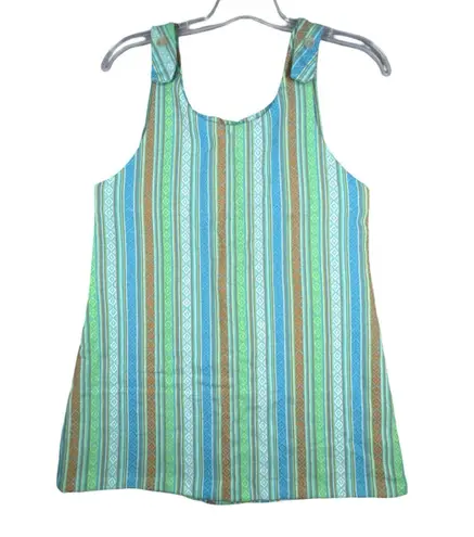 Handmade Dress Medium Green Blue Boho Hippie Striped Tunic Festival Sleeveless