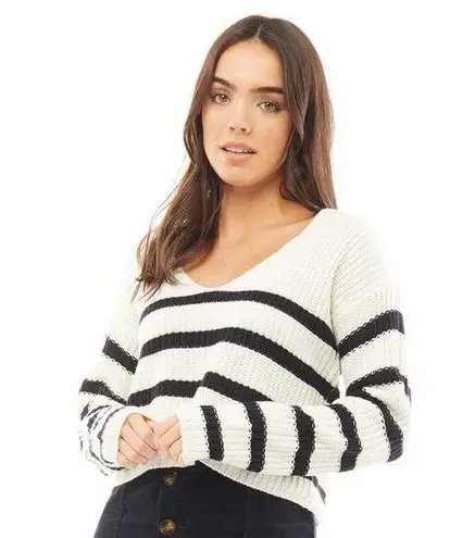 Brave Soul White Black Striped V-Neck Cropped Long Sleeve Sweater Top Size S
