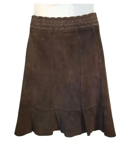 CAbi  Brown Suede Leather Scallop Skirt Size 2