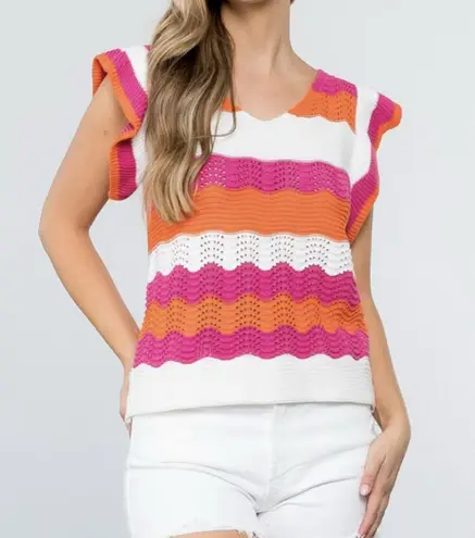 THML Women's Knit Top Size M White Orange Pink Striped Sleeveless