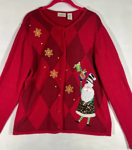 Classic Elements FESTIVE CHRISTMAS ARGYLE CARDIGAN SWEATER SANTA L RED PREOWNED