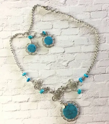 Peruvian Stone Necklace Set Silver