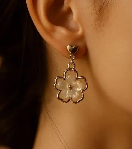 Delicate Gold Floral Earrings with Iridescent Petals Dainty Heart Top 925 Silver