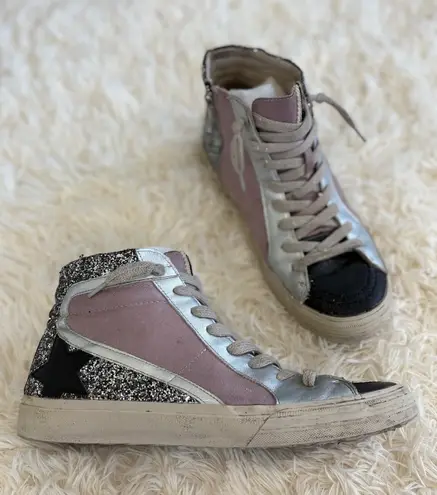 Glitter Star High Top Sneakers Silver Lilac Black Accent Distressed Size 10