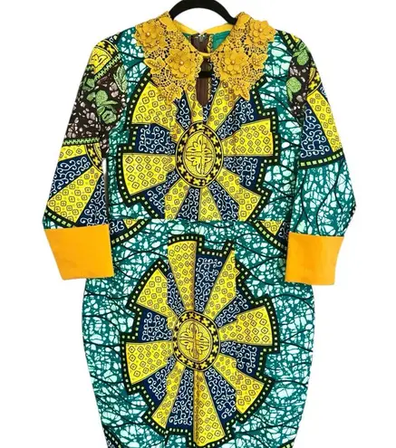 Handmade Colorful African Print Geometric Dress with Yellow Details