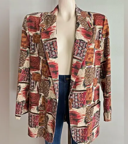 VINTAGE 80s unique patchwork print earthy abstract block ethnic blazer jacket Orange Size 8