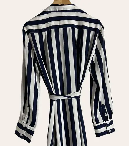 En Creme Navy Blue White Striped Long Sleeve Belted Tie Waist Shirt Dress Size L Size L