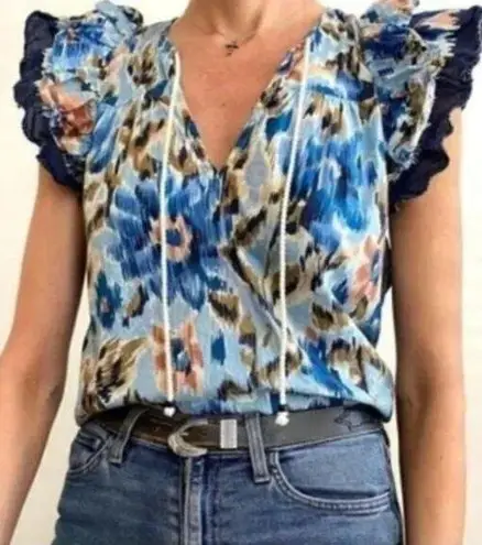 House of Harlow 1960 | Boho Ruffle Abstract Floral Top | Zoe Blue | Sz S