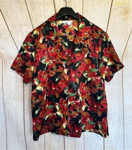 Vintage EJHarper Red Floral Scallop Neckline Button Down Size 8