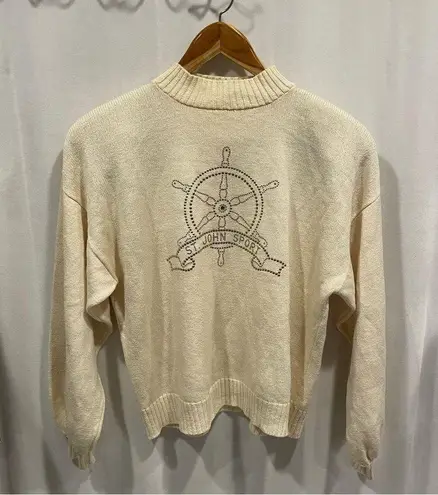 Vintage 80’s St. John santana knit creamy mock neck sweater nautical bling Silver Size L