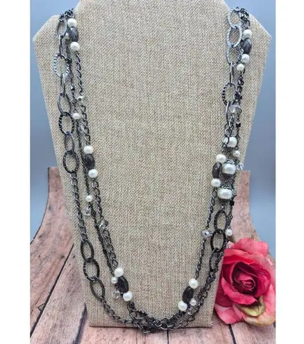 Premier Design Gun Metal Chain Necklace Faux Pearls Hammered Links Multi Strand Black