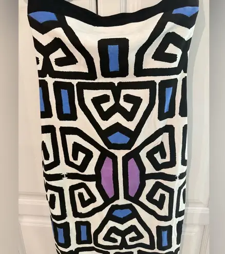 Summer White Geometric Patterned Dress with Blue and Purple Accents Size XS Black
