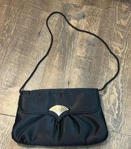 80s Black Satin Shoulder Purse Gold Fan Decoration by Gallery Originals