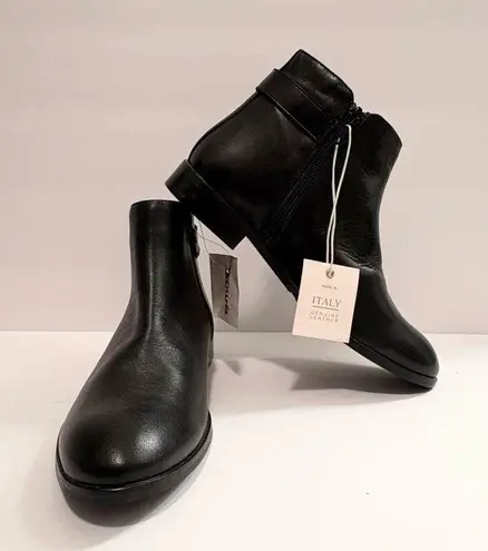 NWT Anna Lenci Black Leather Ankle Bootie Buckle Zipper Sleek Old Money Luxury Size 6