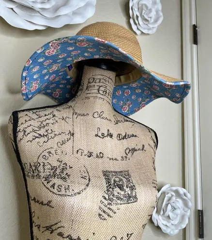 NTM: David & Young Floppy Straw Hat with Blue Floral Print Sz OS Tan