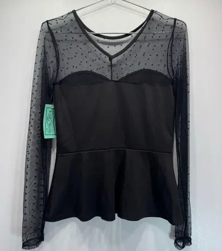 Rock Steady Black Sheer Polka Dot Lace Sweetheart Bodice Rockabilly Peplum Top Size M