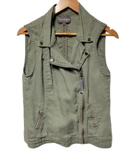 Michael Stars Olive Army Green Moto Vest 100% Linen Military Y2K Grunge Womens S