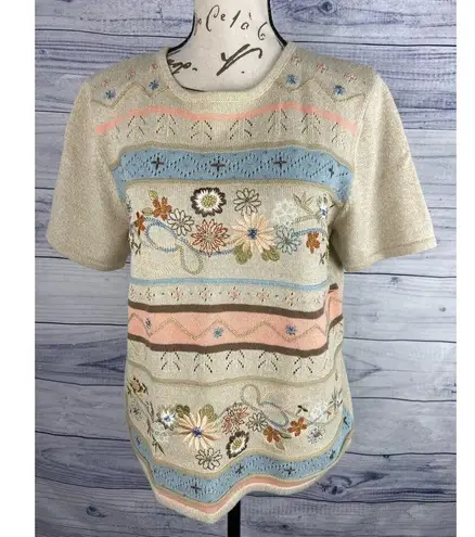 Alfred Dunner Embroidered Sweater Women PM Short Sleeve Crew Neck Floral Grandma Size undefined