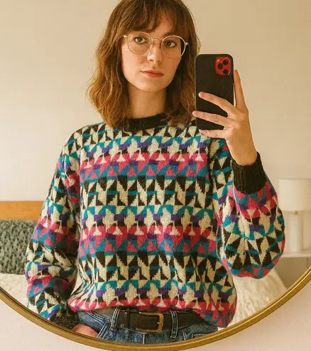 80s Vintage Kitty Hawk Mockneck Sweater Womens L Chunky Knit Geometric Colorful Multiple Size L