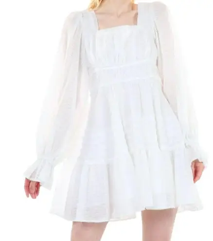 Beulah Style Square Neck A-Line Tiered Mini Dress White Size Small NWT