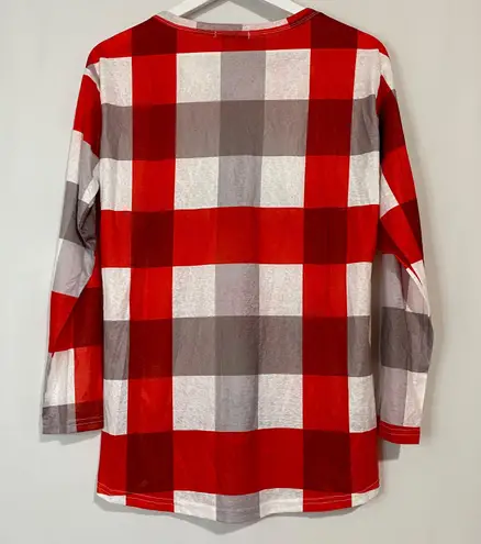 Suvimuga Women’s Long Sleeve V Neck Plaid Print Tee Shirt Red Grey & White NWOT