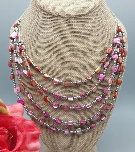 Beachy Silver Tone Pink Dyed Abalone Shell Multi Strand Wire Collar Bib Necklace