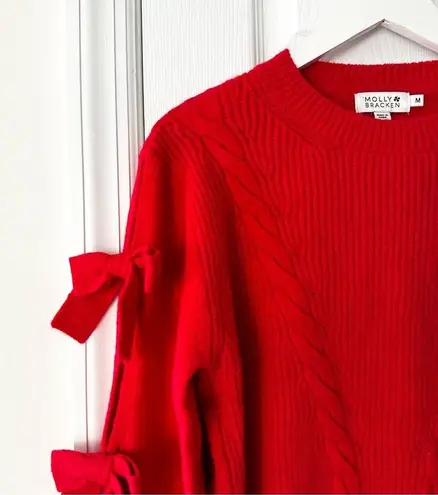 Molly Bracken Holiday Red Open Slit Bow Trim Sleeve Cable Knit Sweater Medium