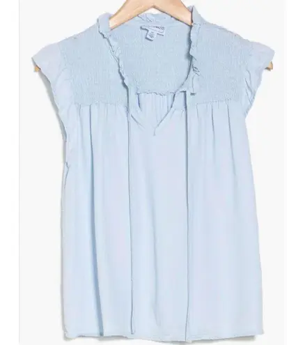 FOR THE REPUBLIC Smocked Ruffle Sleeveless Top XS Baby Blue Chambray