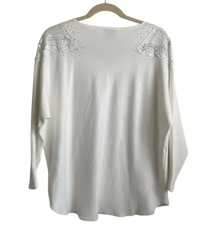 Liv Milano Women Sweater 1X Ivory Crochet Gem Flower Shoulder Cottagecore Whimsy White