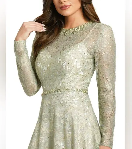 Mac Duggal 491881 Sage Green Gold Long Sleeve Floral Lace Gown Dress Size 6