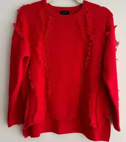 ontwelfth Red Fringey Sweater, Bright Red Knit Crewneck Sweater, Size Medium