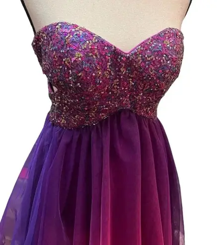 Blondie Nites sequin strapless ruffle mini dress purple ombré with side cut outs