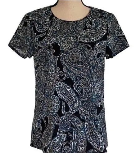 BANANA REPUBLIC Factory black, white & teal paisley short sleeve top. Small. EUC Black